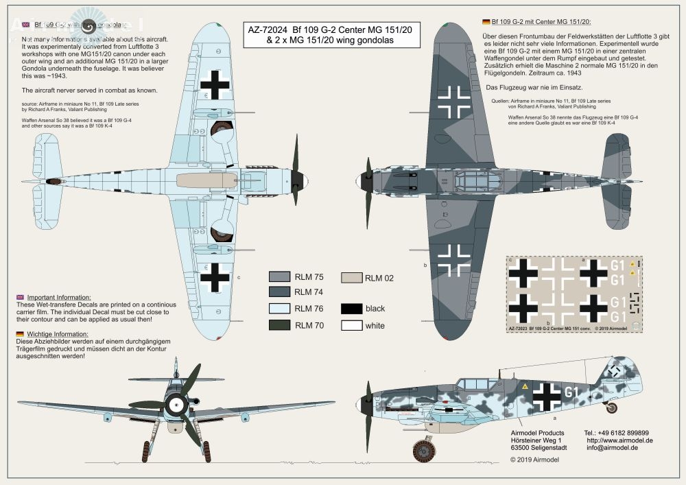 Bf 109 G-2 Zentrale MG 151/20 & 2 x Flügel Waffengondeln Umbausatz 1/72